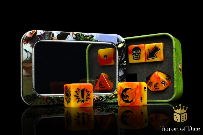 Load image into Gallery viewer, Orange Fire - Bloody Football Dice (Set of 7)
