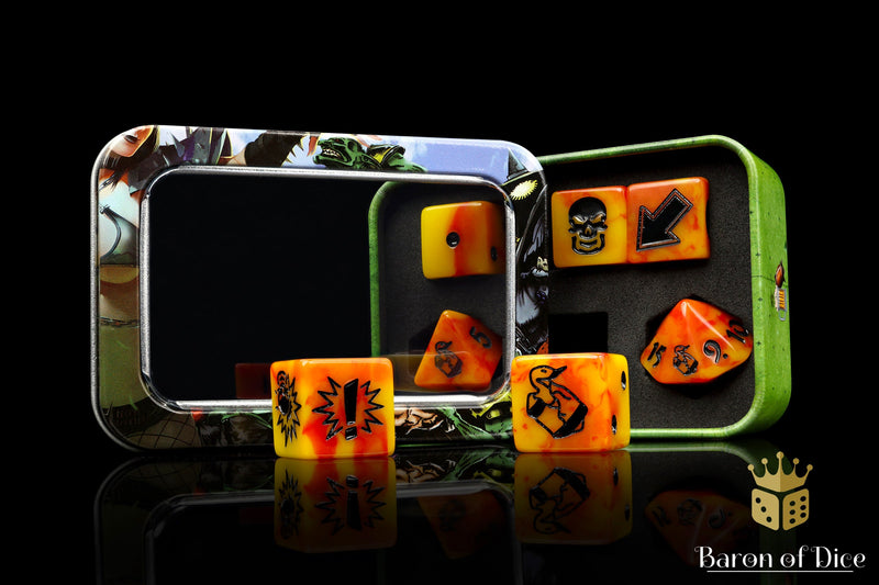 Load image into Gallery viewer, Orange Fire - Bloody Football Dice (Set of 7)
