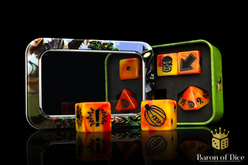 Load image into Gallery viewer, Orange Fire - Bloody Football Dice (Set of 7)
