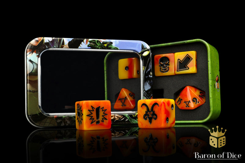 Load image into Gallery viewer, Orange Fire - Bloody Football Dice (Set of 7)
