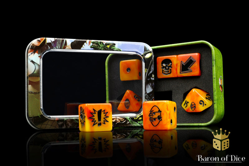 Load image into Gallery viewer, Orange Fire - Bloody Football Dice (Set of 7)
