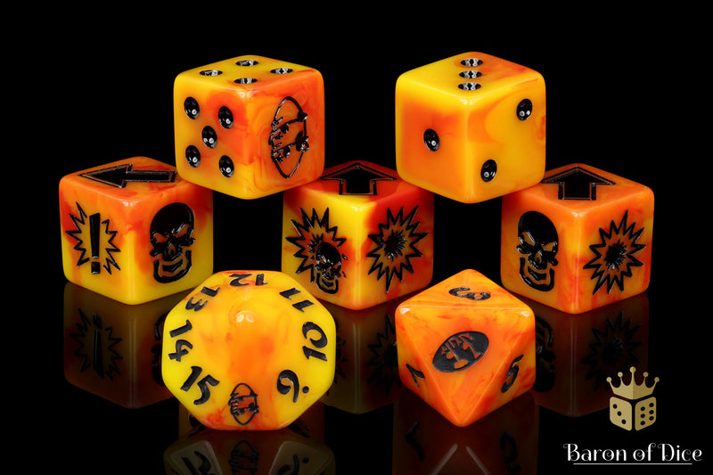 Load image into Gallery viewer, Orange Fire - Bloody Football Dice (Set of 7)
