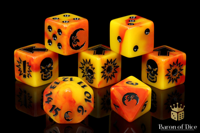 Load image into Gallery viewer, Orange Fire - Bloody Football Dice (Set of 7)
