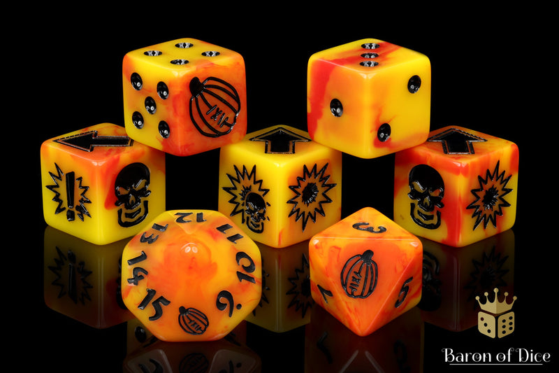 Load image into Gallery viewer, Orange Fire - Bloody Football Dice (Set of 7)
