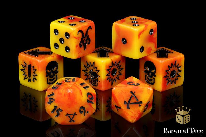 Load image into Gallery viewer, Orange Fire - Bloody Football Dice (Set of 7)
