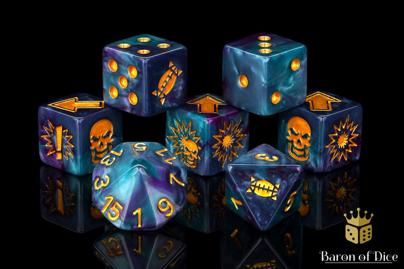 Load image into Gallery viewer, Tanzanite - Bloody Football Dice (Set of 7)
