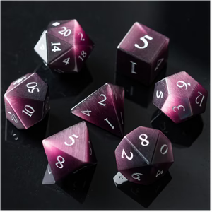 Cat's Eye Purple- Gemstone Engraved with Silver RPG Dice Set 