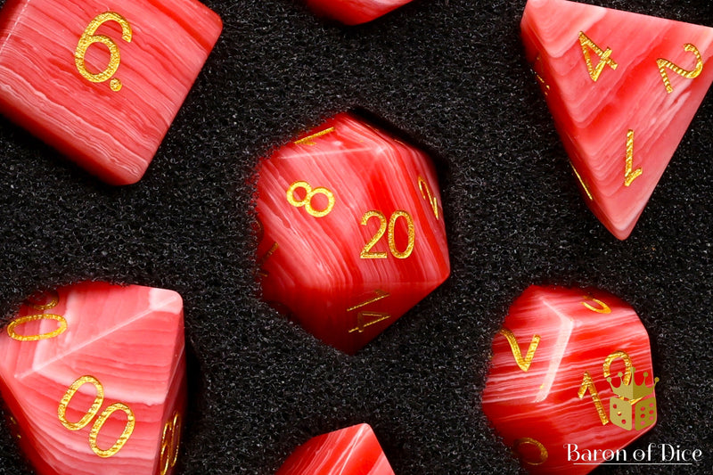 Load image into Gallery viewer, Rhodochrosite Sharp Edge RPG Dice Set - 7 Pieces
