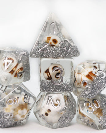 Skull and Silver Glitter RPG Dice Set 