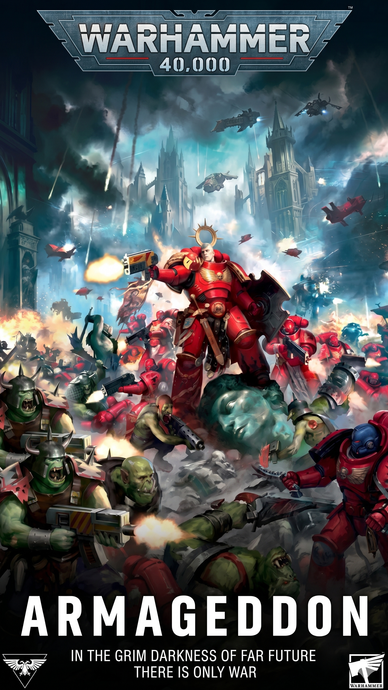 Warhammer 40,000 Armageddon poster with soldiers and a warrior in a battle scene.