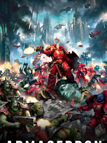 Warhammer 40,000 Armageddon poster with soldiers and a warrior in a battle scene.