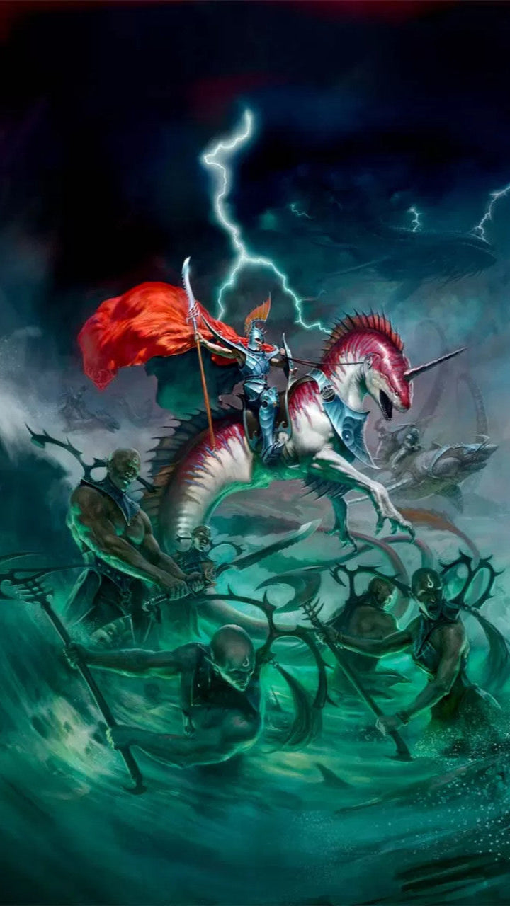 Fantasy scene with a dragon and warrior on a stormy sea