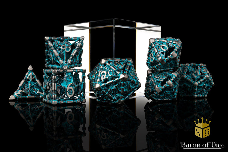 Load image into Gallery viewer, Grim Reaper Teal Glow Metal RPG Dice Set - 7 Pieces
