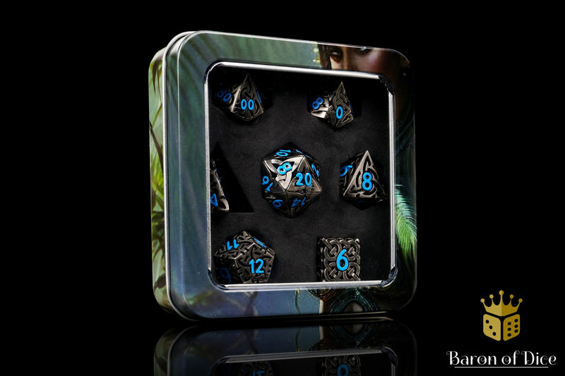 Load image into Gallery viewer, Blue Tiger&#39;s Eye Metal RPG Dice Set - 7 Pieces
