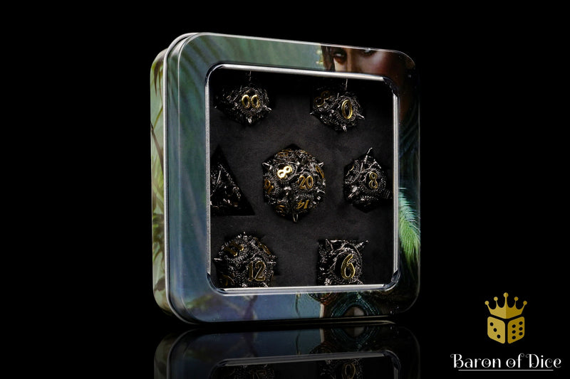 Load image into Gallery viewer, Coiled Black Dragon Metal RPG Dice Set - 7 Pieces
