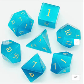 Cat's Eye Blue - Gemstone Engraved with Gold RPG Dice Set 