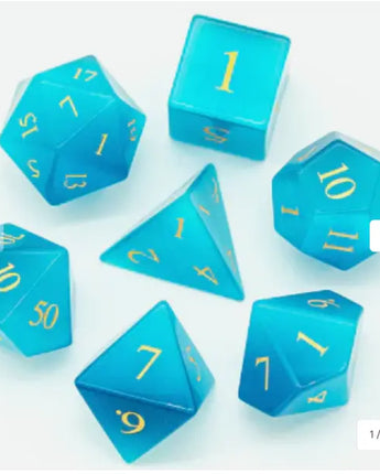 Cat's Eye Blue - Gemstone Engraved with Gold RPG Dice Set 
