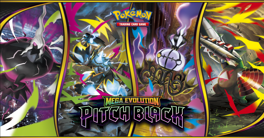Promotional artwork for the Pokémon Trading Card Game Mega Evolution Pitch Black set, featuring three vertical panels with dynamic illustrations of Pitch Black and other Pokémon characters against a dark, high-contrast background with the set title at the bottom.

