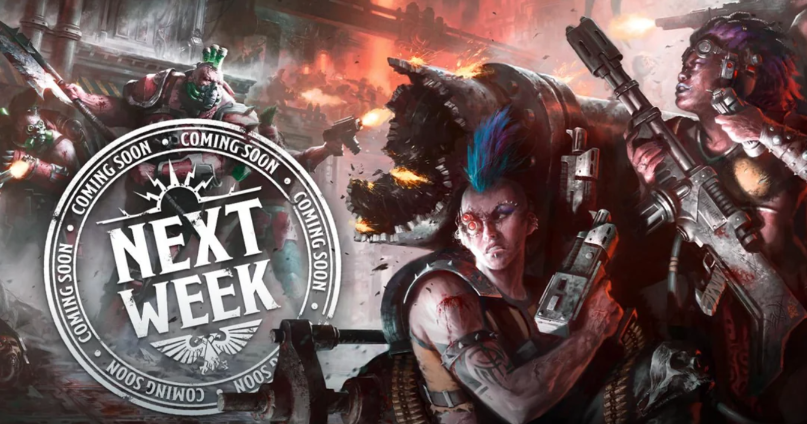 Promotional artwork for a video game or media title showing a circular 'Coming Soon Next Week' badge over a dramatic sci-fi battle scene with armored characters holding weapons in a fiery, war-torn environment.