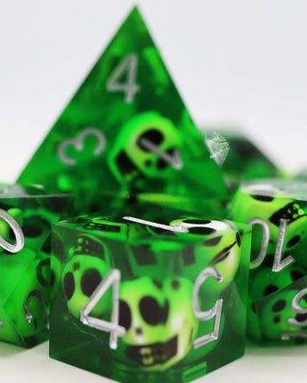 Sharp Edge Resin RPG Dice Set - Green Skulls 