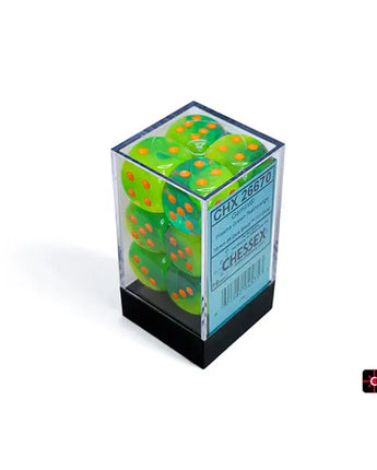Chessex Dice: Luminary 16mm D6 (12) - Plasma Green-Teal/Orange 