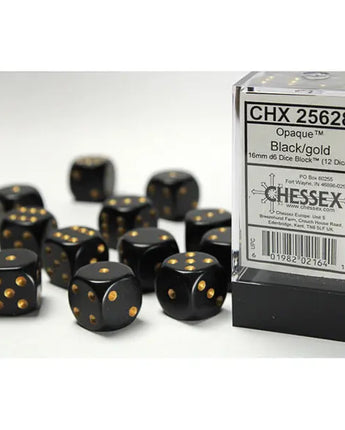 Chessex Dice: Opaque 16mm D6 (12) - Black/Gold 