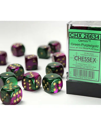 Chessex Dice: Gemini 16mm D6 (12) - Green-Purple/Gold 