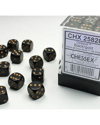 Chessex Dice: Opaque 12mm D6 (36) - Black/Gold 
