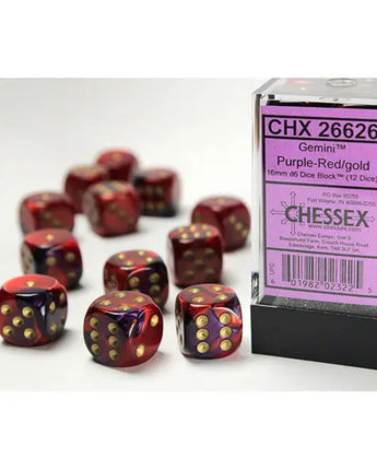 Chessex Dice: Gemini 16mm D6 (12) - Purple-Red/Gold 