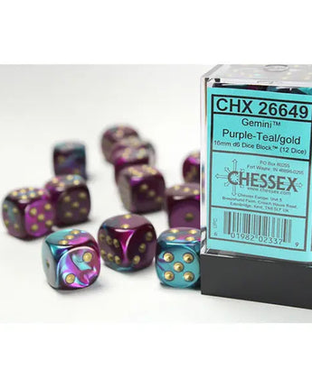 Chessex Dice: Gemini 16mm D6 (12) - Purple-Teal/Gold 