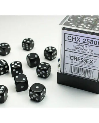 Chessex Dice: Opaque 12mm D6 (36) - Black/White 