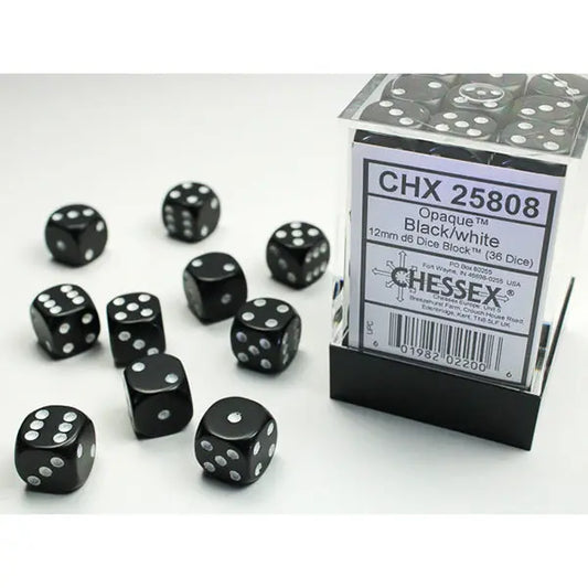 Chessex Dice: Opaque 12mm D6 (36) - Black/White 