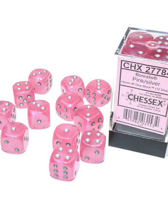Chessex Dice: Luminary 16mm D6 (12) - Pink/Silver 