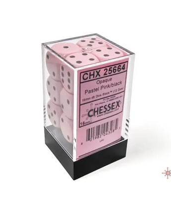 Chessex Dice: Opaque 16mm D6 (12) - Pastel Pink/Black 