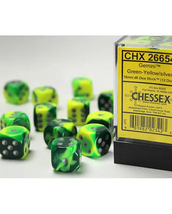 Chessex Dice: Gemini 16mm D6 (12) - Green-Yellow/Silver 