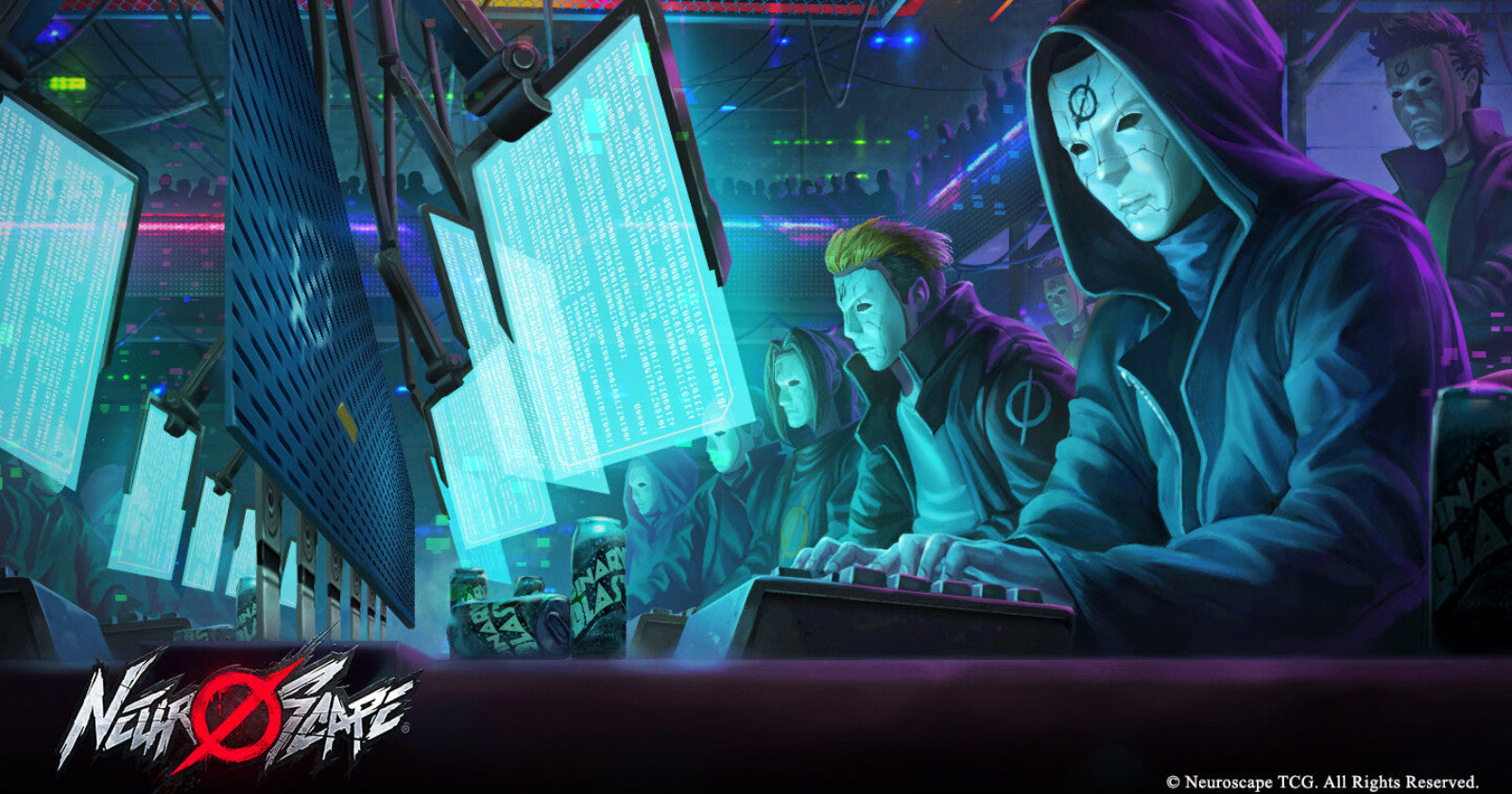 Cyberpunk-style promotional artwork for Neuro: Battler, showing a hooded character in a neon-lit terminal room with glowing computer screens and other characters in the background. The Neuro: Battler logo appears at the bottom left, and a Neurotype TCG copyright notice is at the bottom right.