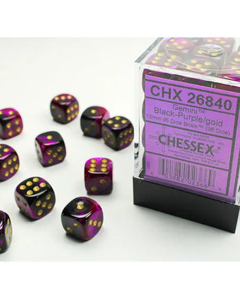 Chessex Dice: Gemini 12mm D6 (36) - Black-Purple/Gold 