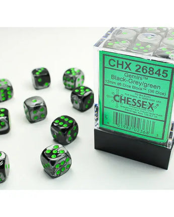 Chessex Dice: Gemini 12mm D6 (36) - Black-Grey/Green 