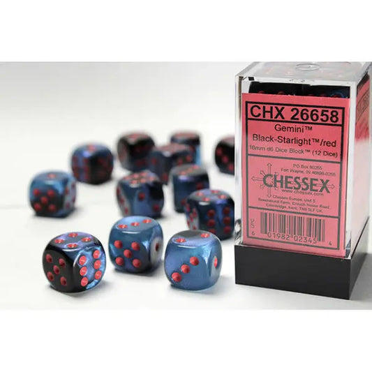 Chessex Dice: Gemini 16mm D6 (12) - Black-Starlight/Red 