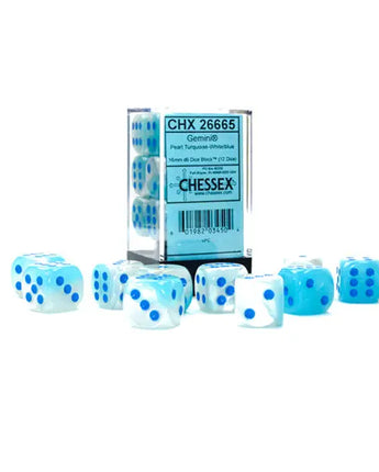 Chessex Dice: Luminary 16mm D6 (12) - Pearl Turquoise-White/Blue 