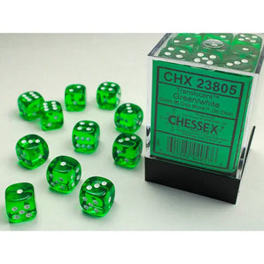 Chessex Dice: Translucent 12mm D6 (36) - Green/White 