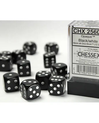 Chessex Dice: Opaque 16mm D6 (12) - Black/White 