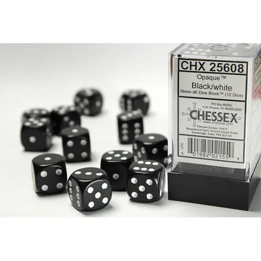 Chessex Dice: Opaque 16mm D6 (12) - Black/White 