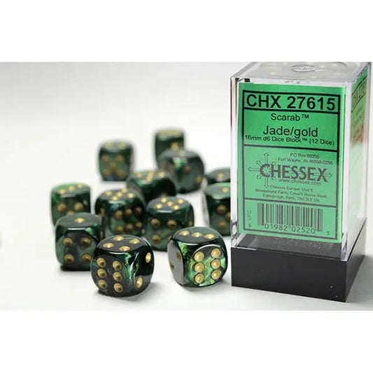 Chessex Dice: Special 16mm D6 (12) - Scarab: Jade/Gold 