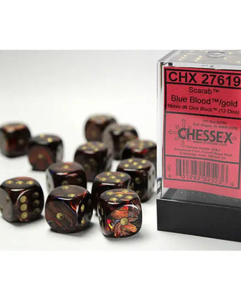 Chessex Dice: Special 16mm D6 (12) - Scarab: Blue Blood/Gold 
