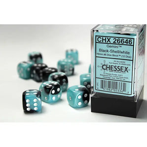 Chessex Dice: Gemini 16mm D6 (12) - Black-Shell/White 