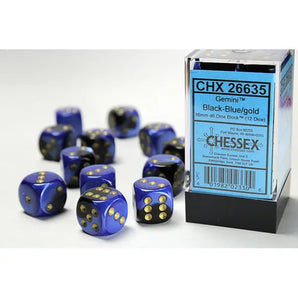 Chessex Dice: Gemini 16mm D6 (12) - Black-Blue/Gold 