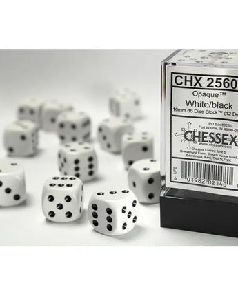 Chessex Dice: Opaque 16mm D6 (12) - White/Black 