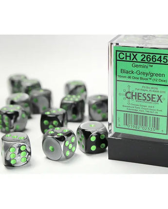 Chessex Dice: Gemini 16mm D6 (12) - Black-Grey/Green 