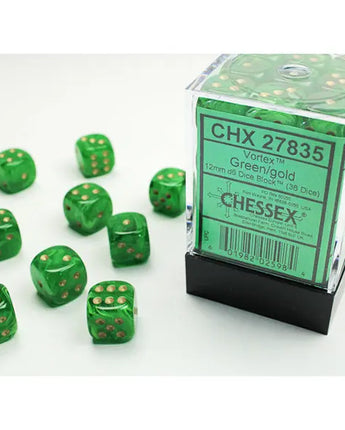 Chessex Dice: Vortex 12mm D6 (36) - Green/Gold 